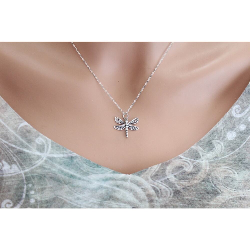 Sterling Silver Dragonfly with Filigree Wings Necklace, Dragonfly Necklace
